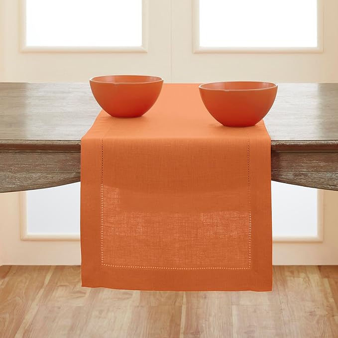 Solino Home Linen Pumpkin Hemstitch Table Runner 60 Inches - 100% Pure Linen Small Table Runner 14 x 60 Inch Ideal for Dresser and Coffee Tables - Classic Hemstitch