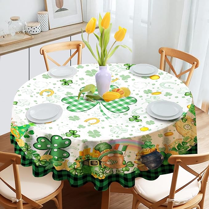 St. Patrick's Day Tablecloth, Rectangular 60 x 84, Polyester, Waterproof, Wrinkle Resistant, Heat Stain Resistant, Shamrock Gnome Leprechaun Design, Fits 4-8 People