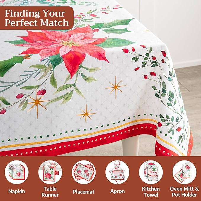 Maison d' Hermine Table Cloth Rectangle Table 100% Cotton 70 x 90 Inches Fall Tablecloth Reusable Everyday Use for Thanksgiving Christmas Decorations Dining Farmhouse Party (Poinsettia Christmas)