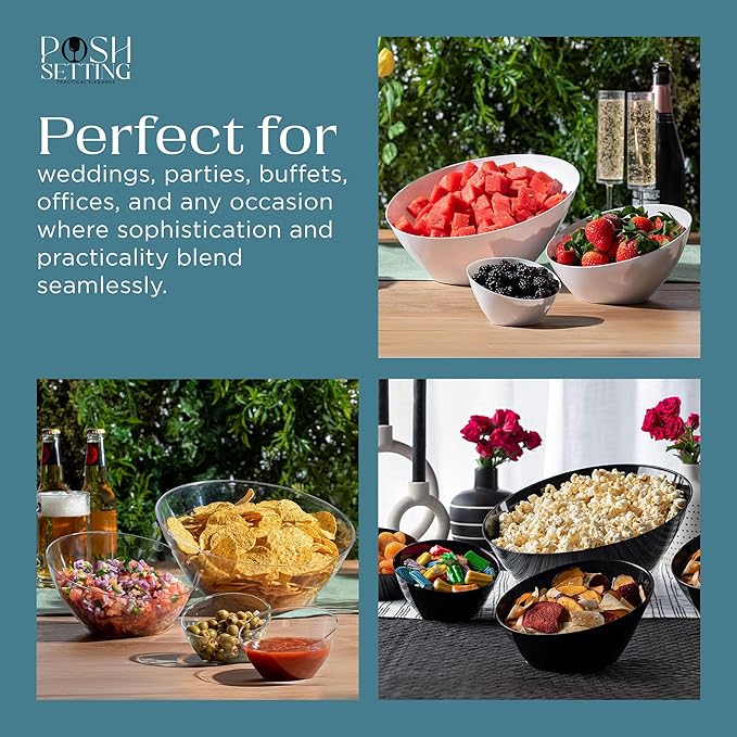 Posh Setting - Silver Plastic Serving Bowls Angled & Candy - Salad & Fruit Serving Bowls Wedding - 8 OZ, Glitter, 5 Pack