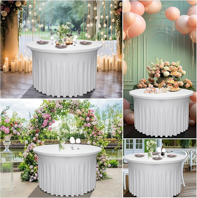 6-Pack 60" Diameter x 30" Height White Round Table Skirts for 5FT Tables | Wrinkle & Stain Resistant Polyester Spandex Tablecloths with Elastic Fit | Ideal for Weddings, Parties, Banquets, Dining