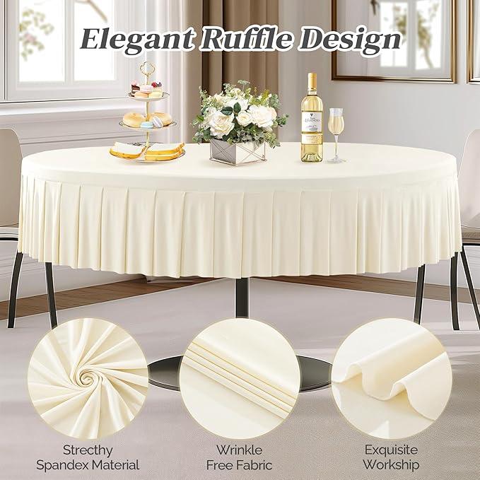 2 Pack Ivory Spandex Round Tablecloths for 72in Table, Stretchy Fitted 6FT Round Table Cloths, Wrinkle Free Table Cover with Skirt for Wedding Birthday Party Bridal Shower Banquet