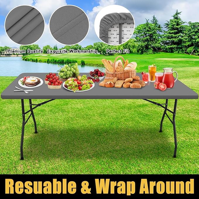 Smiry Rectangle Picnic Table Cloth, Waterproof Elastic Fitted Tablecloths for 6 Foot Tables, Washable Polyester Table Cover for Camping, Indoor and Outdoor (Grey, 30"x72")