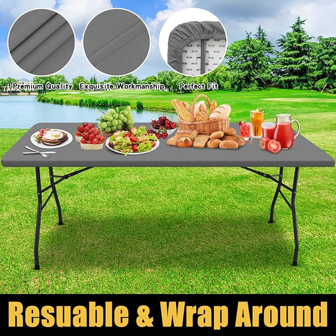Smiry Rectangle Picnic Table Cloth, Waterproof Elastic Fitted Tablecloths for 6 Foot Tables, Washable Polyester Table Cover for Camping, Indoor and Outdoor (Grey, 36"x72")