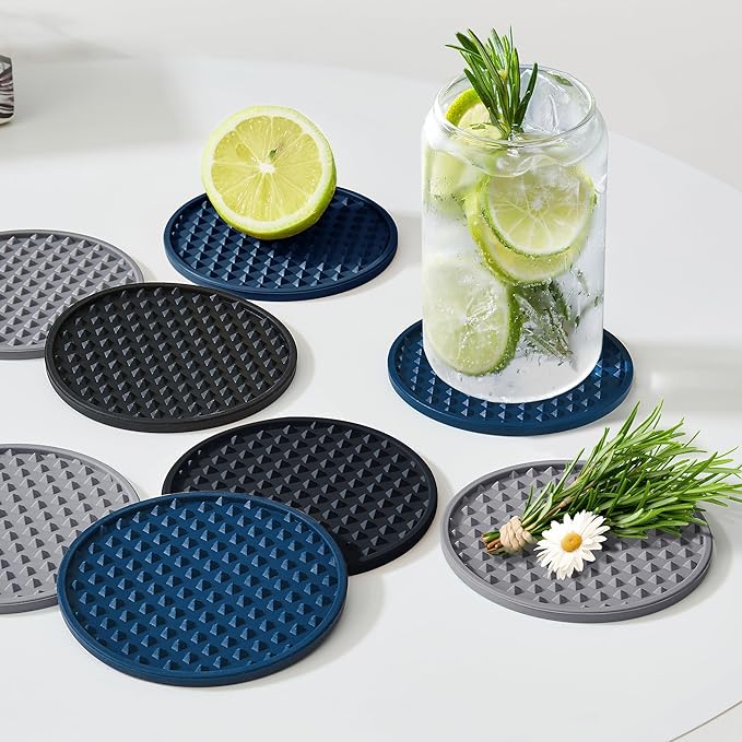 Coasters for Drinks, Silicone Coasters Set of 6 with ABS Holder, Outdoor Coaster for Coffee Table, Non-Slip Rubber Table Cup Mat Desk, Heat Resistant & Scratch-Proof (Navy Blue)