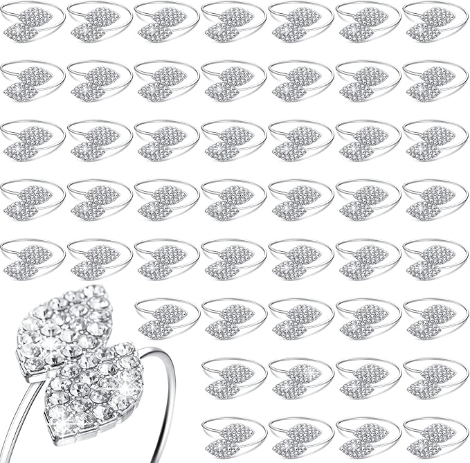 Hotop 12 Piece Silver Holiday Napkin Rings Set Silver Bling Winter Napkin Rings Bulk Metal Leaves Holders Rhinestone Buckle for Wedding Christmas Dinner Gather Party Prom Table Decoration