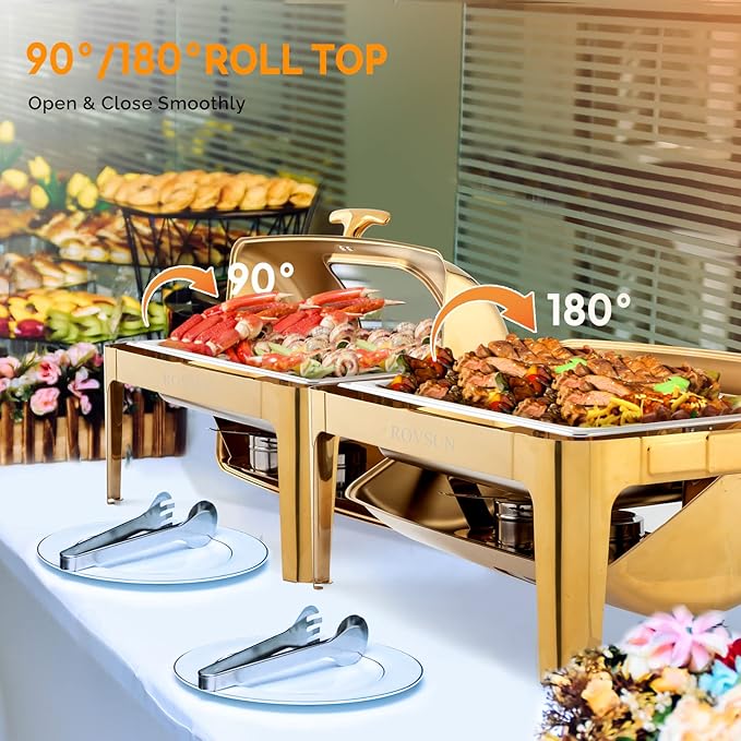 ROVSUN 9QT 3 Pack Roll Top Chafing Dish Buffet Set, Rectangular NSF Stainless Steel Buffet Warmer Chafers with Thick Frame for Catering Events Parties Weddings Dinners, Gold