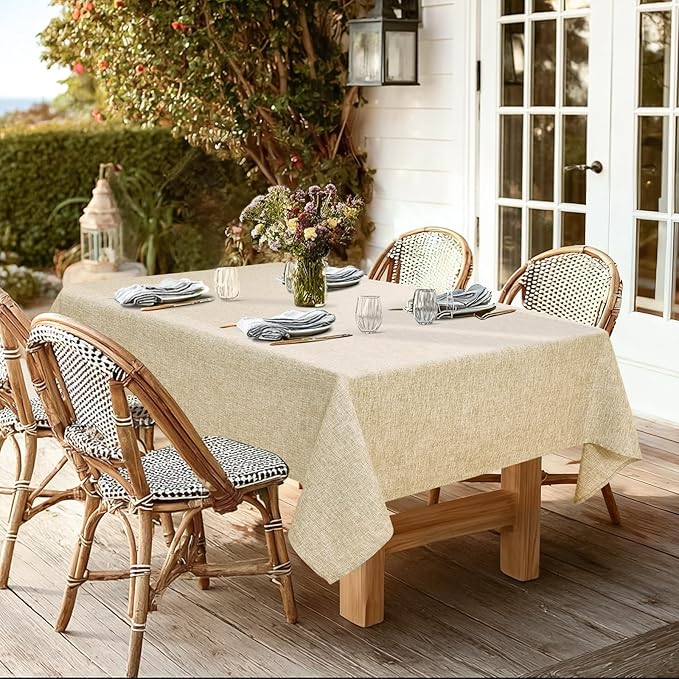 JIUZHEN Square Table Cloth Faux Linen Farmhouse Tablecloth Wrinkle and Stain Resistant Decorative Fabric Table Cover for Kitchen, Dining Room, Parties and Camping, Beige, 70 x 70 Inch