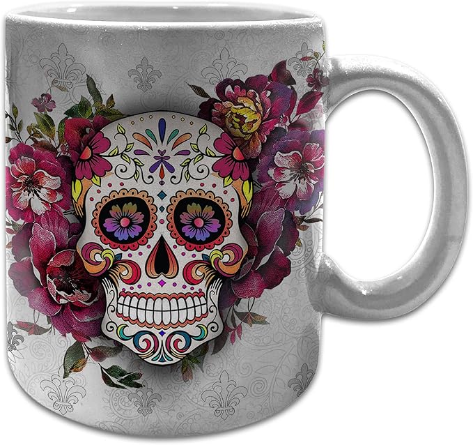 Sweet Gisele Sugar Skull Ceramic Mug, Floral Print Coffee Cup, Day of the Dead Design, Beautiful Vivid Colors, Great Novelty Mugs 11 Fl Oz Silver