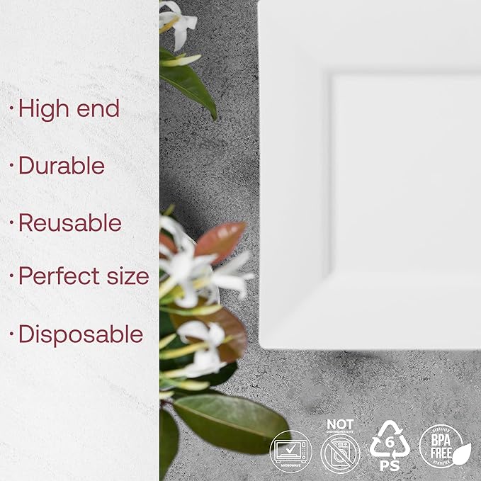 Smarty Had A Party 120 Elegant Disposable Plastic Dinnerware, 9.5" Fancy Square White Plates for Parties and Events, Heavy Duty