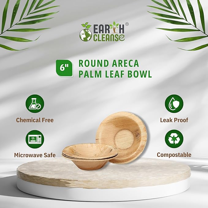 6" Areca Palm Leaf Round Bowls Compostable Biodegradable Eco-Friendly Bowls Natural Disposable Bowls, Perfect for Picnic Catering, Dessert, and Wedding (Pack of 50)