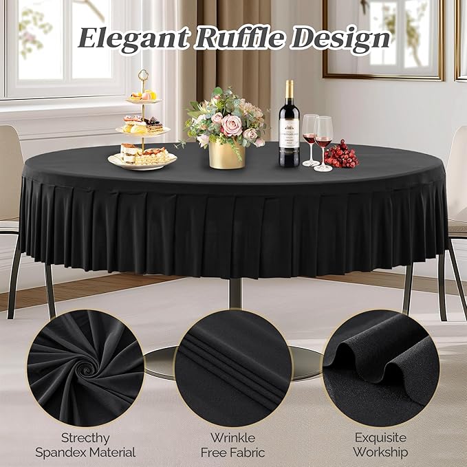1 Pack Black Spandex Round Tablecloths for 72in Table, Stretchy Fitted 6FT Round Table Cloths, Wrinkle Free Table Cover with Skirt for Wedding Birthday Party Bridal Shower Banquet