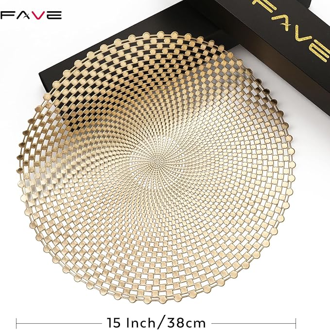 FAVE 8 PCS Vinyl Gold Round Placemats, Spiral Hollow Out Washable for Daily Dining, Holiday Events& Daily Use (15 Inch,8PCS)