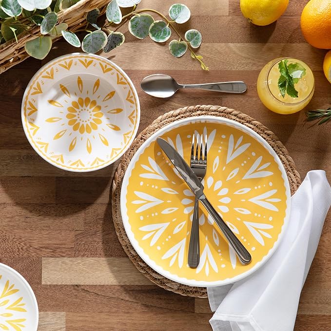Larder & Vine 12-Piece Melamine Dinnerware Set: Durable, Lightweight, Break-Resistant Plates & Bowls – Stylish, Non-Toxic, Dishwasher Safe – Ideal for Everyday Use, Indoor & Outdoor Dining – Floral