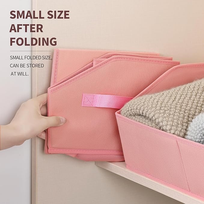 Closet Baskets for Shelves Trapezoid - Decorative Storage Baskets with Handle, Closet Bins for Organization, Shelf Storage Bins for Clothes, Books, Home, Office, 4 Pack, Pink