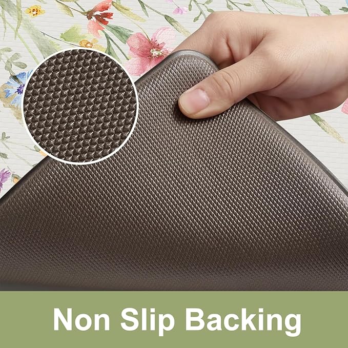 KIMODE Anti Fatigue Kitchen Mat 17.3"x29", Boho Floral Kitchen Floor Mats Non Slip, Waterproof Kitchen Mat for Floor, Padded Comfort Standing Mat for Laundry, Office, Sink, Desk White