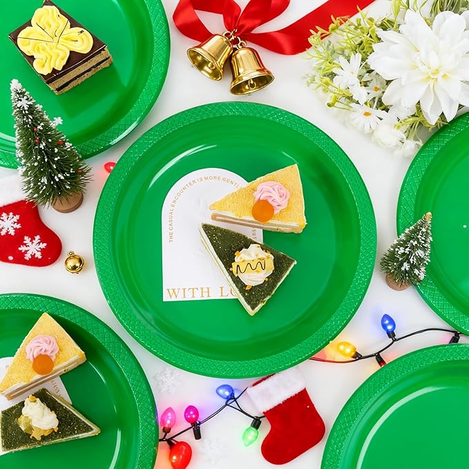 WELLIFE Green Party Plates 7 Inch -150 Count, Plastic Disposable Dessert Plates for New Year Party St. Patrick's Day Easter Cake Appetizers Salad