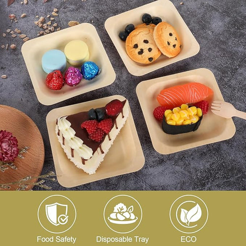 100 Pcs Disposable Palm Leaf Bowls, Square Bamboo Appetizer Plates, Compostable Wood Plates with Bamboo Forks for Birthday Wedding Party, Dessert, Catering and Home Use (4.4 x 4.4x0.5 Inch)
