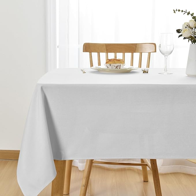 JIUZHEN Faux Linen Rectangle Tablecloth, Wrinkle Stain Resistant Farmhouse Textured Table Cloth Decorative Fabric for Kitchen, Dining, Party, Wedding,Outdoor Use,90 x 156 Inch,White