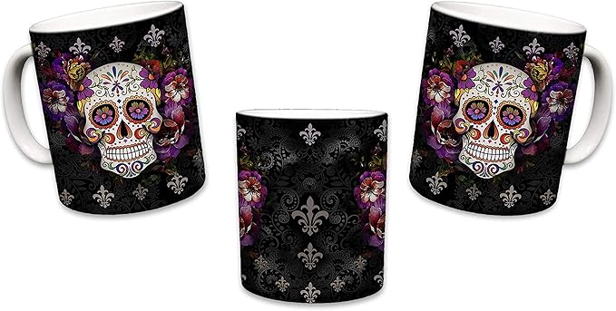 Sweet Gisele Sugar Skull Ceramic Mug, Floral Print Coffee Cup, Day of the Dead Design, Beautiful Vivid Colors, Great Novelty Gifts 11 Fl. Oz Black