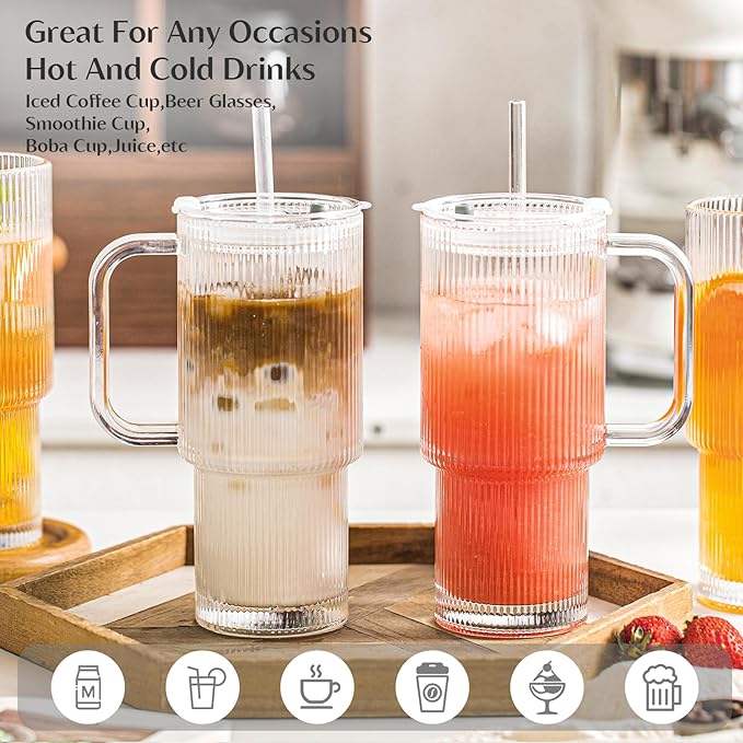 INSETLAN 26oz Ribbed Glass Tumbler with Handle & Lid – 2-Pack Large Iced Coffee Cups with Straws, Modern Glass Mug for Cold & Hot Beverages, Aesthetic Travel Cup for Smoothies, Tea, and Juice