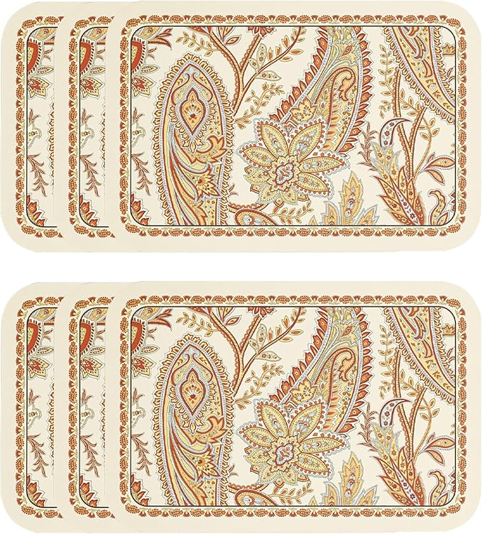 ISAENNE Designer Paisley PVC Placemats Set of 6,Classic Pattern Yelllow Rectangular Placemat, Waterproof and Heat-Resistant Paisley Style, Decoration for Kitchen, Party,Dinning,New Year,12"*17"