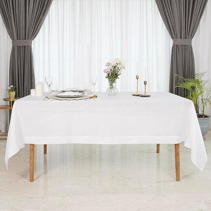 D'Moksha Homes White Linen Tablecloth 60 x 108 Inch - 100% Pure Linen White Table Cloth for Rectangle Tables - Classic Hemstitch, Machine Washable Tablecloth for Valentines, Spring, Easter