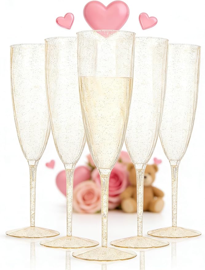 WDF 36-Pack Plastic Champagne Flutes - Gold Glitter Champagne Glasses Disposable - Perfect for Wedding Birthday Bridal Shower Valentine's Day