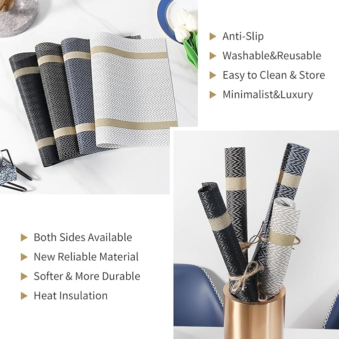 FAVE Placemats Set of 12 White Placemats Woven with Golden Thread Vinyl Place Mats Heat Resistant Table Mats Set of 12 for Wedding, Banquet, Birthday, Party, Restaurant(White, 12"x18"-12PCS)