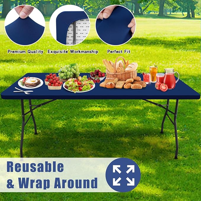 Spandex 5 Foot Rectangle Table Cloth 2 Pack, Elastic Fitted Tablecloths for Picnic, Stretch Washable Patio Table Cover for Outdoor, Camping, Banquet and Parties (Navy, 30"x60")