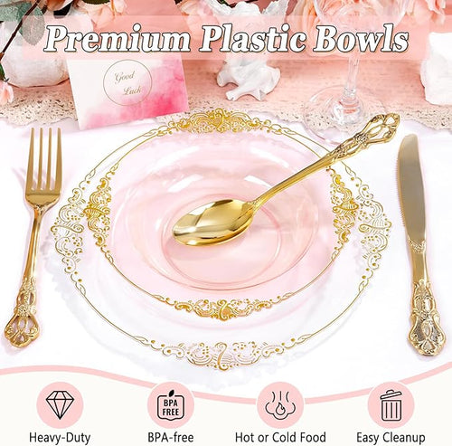 100PCS Clear Pink Plastic Bowls - 12 oz Pink Gold Disposable Salad Bowls - Heavy Duty Disposable Soup Bowl - Fancy Plastic Ice Cream Bowl for Weddings Valentine's Day Parties Dinners Picnics