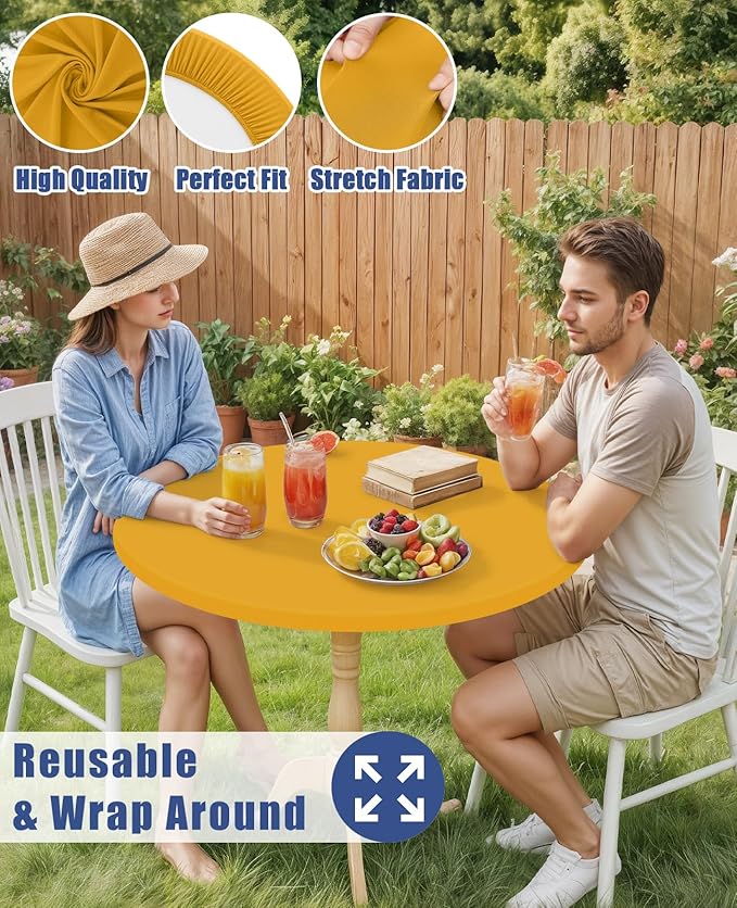 Round Spandex Tablecloth 2 Pack, Elastic Fitted Waterproof Tablecloths for 45"-56" Tables, Stretch Washable Picnic Table Cover for Camping, Dining, Indoor and Outdoor, Mustard Yellow