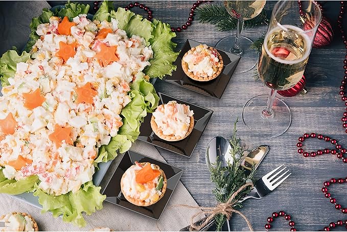 Exquisite Mini Disposable Appetizer Plates - 100 Pack 2.95" x 2.95" Black Plastic Dessert Plates - Elegant Design for Weddings, Birthdays, and Formal Parties - Stackable and Convenient - BPA Free