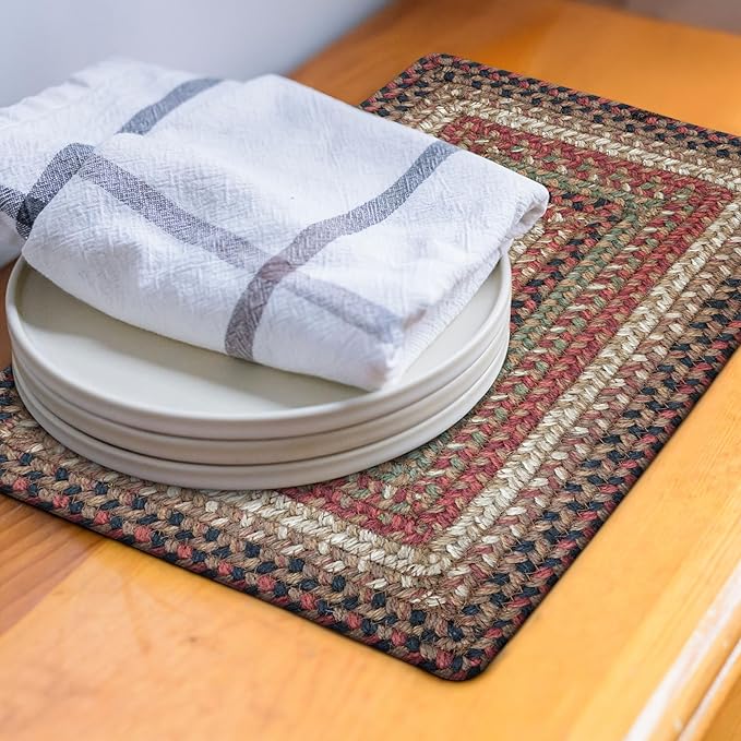 Homespice Gingerbread Premium Jute Braided Placemat Set of 4-10x15 Rectangular Multi Color Reversible, Natural Jute Yarn Rustic, Country, Primitive, Farmhouse Style