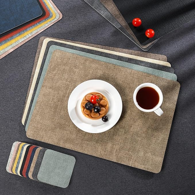 Myir JUN Dual Sided Placemats, Faux Leather Set of 6 Indoor & Outdoor Square Non-Slip Table Mats (Gray Light Blue, Set of 6)