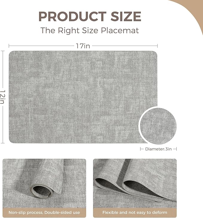 Vinyl Placemats Set of 6, Faux Leather Waterproof and Heat Resistant Place Mats, Washable Anti-Slip Table Mats with Coaster, Wipeable Placemats for Indoor & Outdoor 17" x 12" (Light Grey, Set of 6)