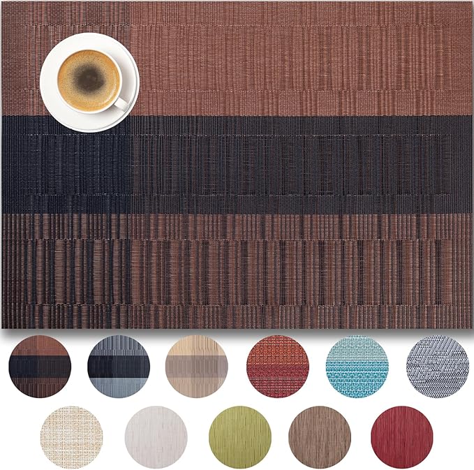 Placemats Set of 12 - Easy Clean Woven Vinyl Placemats for Dining Table, Indoor/Outdoor Place Mats, Washable PVC Table Mats （Ombre Brown Black）