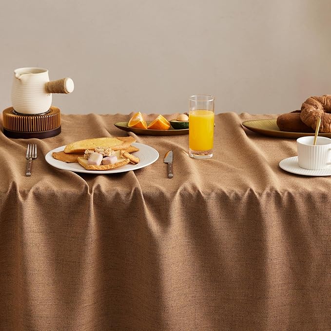 Linen Tablecloth with Tassels, Farmhouse Style Brown Tablecloth, Water Resistant Burlap Tablecloths for Rectangle Table, 60x104 Inch Caramel