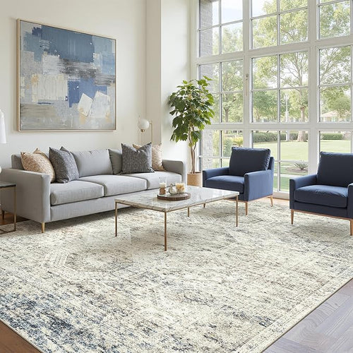 10x14 Area Rugs for Living Room, Non Slip Machine Washable Vintage Rugs, Low Pile Lightweight Large Rug for Bedroom, Dining Room, Home Office Blue Ivory