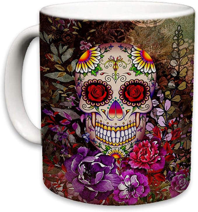 Sweet Gisele Sugar Skull Ceramic Mug, Floral Print Coffee Cup, Day of the Dead Design, Beautiful Vivid Colors, Great Novelty Mugs 11 Fl Oz Multicolored