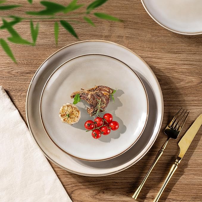 GBHOME Ceramic Dinnerware Sets for 4, 12 Pieces Stoneware Plates and Bowls Sets, Reactive Glaze Dishes -Scratch Resistant, Dishwasher&Microwave Safe-Cappuccino