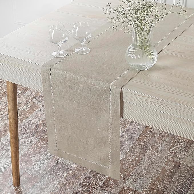 D'Moksha Homes Linen Natural Table Runner 108 Inches Long - 100% Pure Linen 14 x 108 Inch Table Runner for Valentines, Spring, Easter - Classic Hemstitch