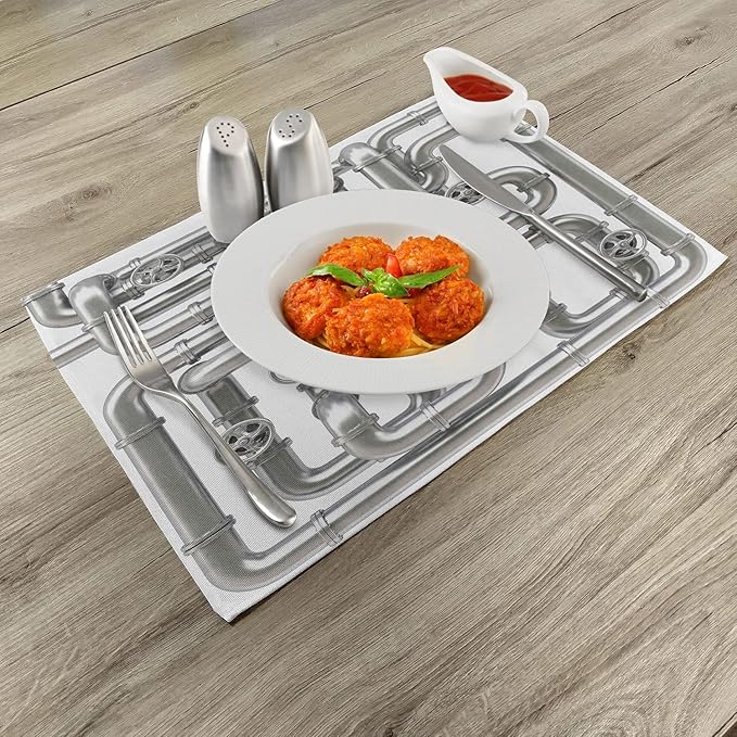 Ambesonne Industrial Place Mats Set of 4, Maze of Pipelines Faucets and Valve Gasoline Engineering Themed Print, Washable Fabric Placemats for Dining Table, Standard Size, Grey White