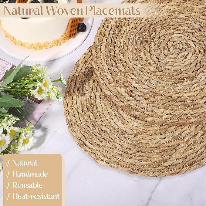 Aneco 4 Pack 12-Inch Round Woven Placemats Natural Hand-Woven Boho Rattan Wicker Bulrush Placemat Farmhouse Rustic Braided Table Mats for Dining & Kitchen Decor