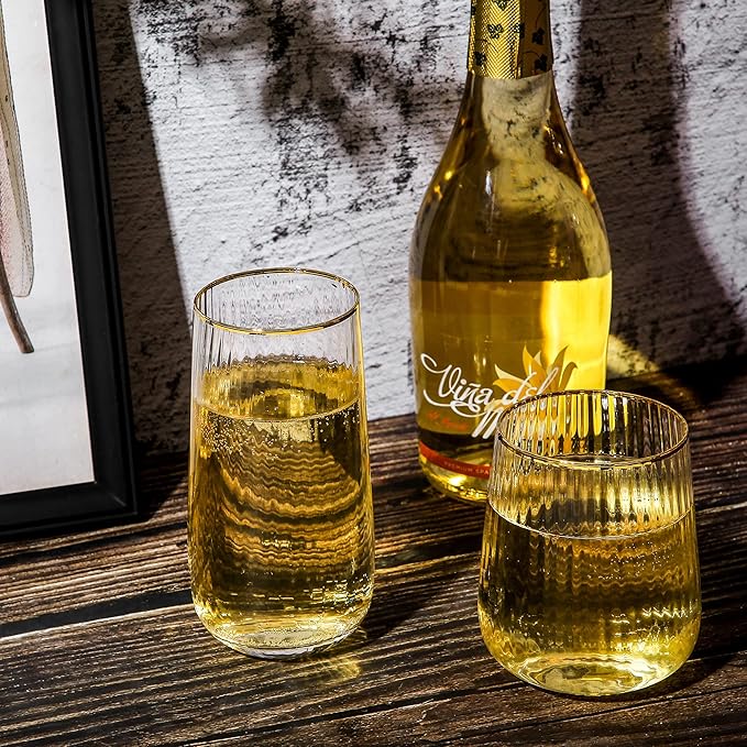 Lysenn Stemless Wine Glasses Set of 4 - Premium Hand Blown Drinking Glasses for Bubbly Wine & Champagne - Elegant Vertical Stripe and Gold Rim Champagne Flutes – Clear 17oz