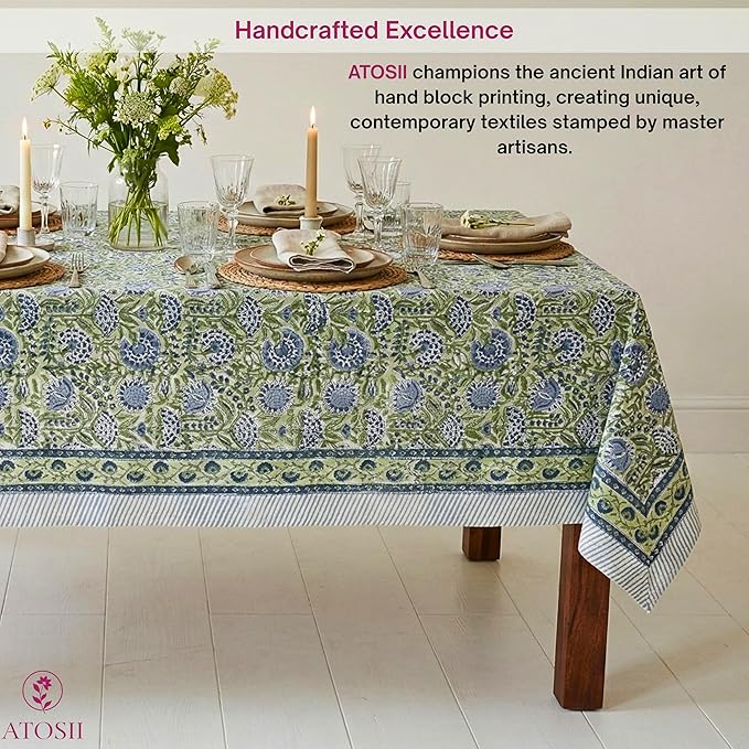 ATOSII Amara 100% Cotton Rectangle Fall Tablecloth, Handblock Floral Linen Table Cloth for Kitchen Dining Table I Parties Weddings Christmas I Fall Home Decor 60 X 108 Inches I 8 Seater