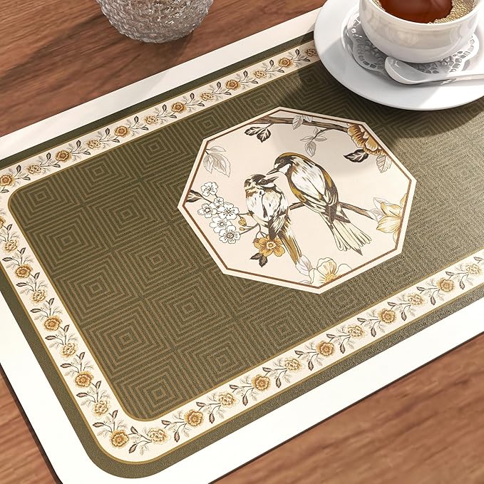 ISAENNE PVC Placemats Set of 6,Rectangular Flower and Bird Print Placemats, Waterproof and Heat-Resistant Place Mats,Decoration for Kitchen, Dining, Parties, Holiday,12"*17"