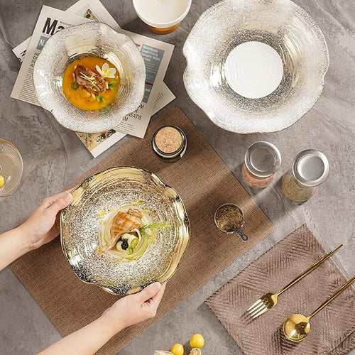 10.4 Inch Ceramic Serving Bowl, Lotus Leaf Wave Edge with Gradual Star Pattern, Handmade Reinforced Porcelain Pasta Bowl, Dishwasher Safe Tableware
