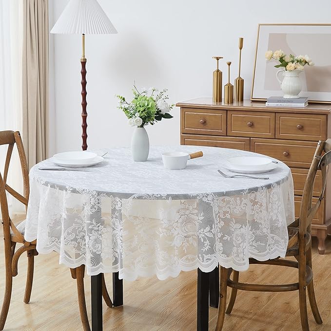 Warm Home Designs 90 Inch Round Tablecloth with English Rose Design. Use as Circle Tablecloth, Rustic Tablecloth or as Elegant Lace Table Cloth. White Table Clothes for 6-8 Guests. LTC White 90"