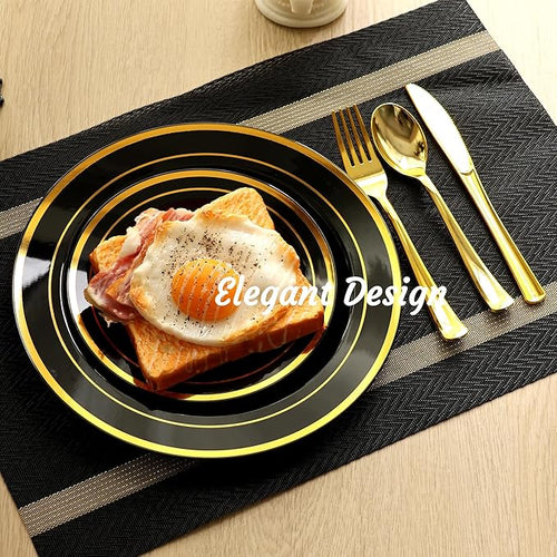 100 PCS Black and Gold Plastic Plates,Disposable Party Black Plates Include 50 10 inch Dinner Plate and 50 7 inch Dessert Plate,Gold Rimmed plates Perfect for Party Holiday,Birthday